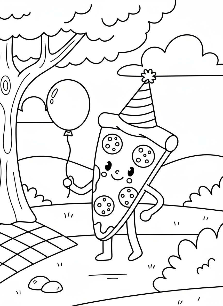 A smiling pizza slice with pepperoni toppings, wearing a party hat and holding a balloon, simple line art for young children