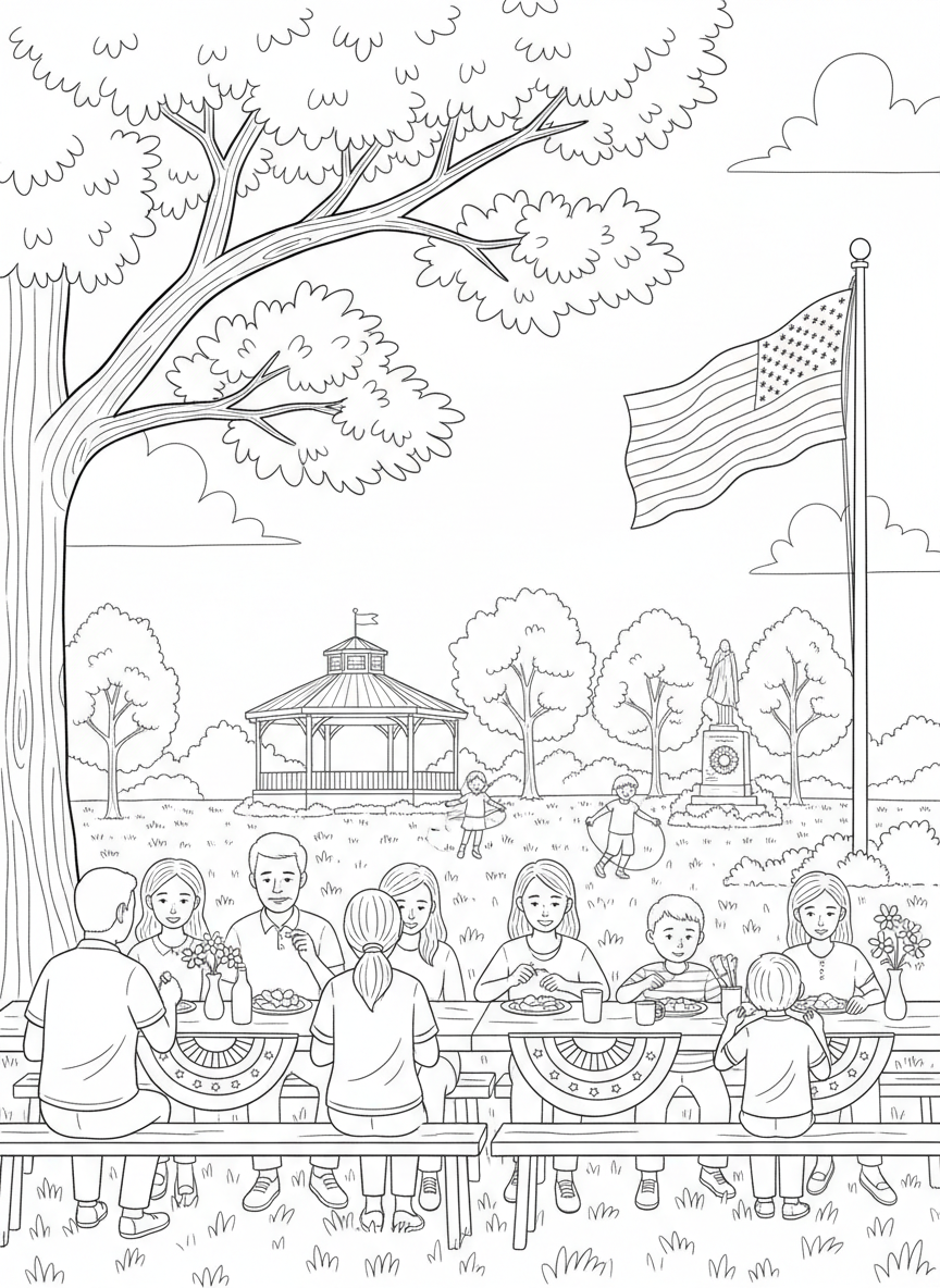 Memorial Day coloring page prompts honoring remembrance, reflection, community gatherings.	A neighborhood picnic following a morning ceremony, families sharing food at long tables decorated with bunting as conversation stays thoughtful and subdued.