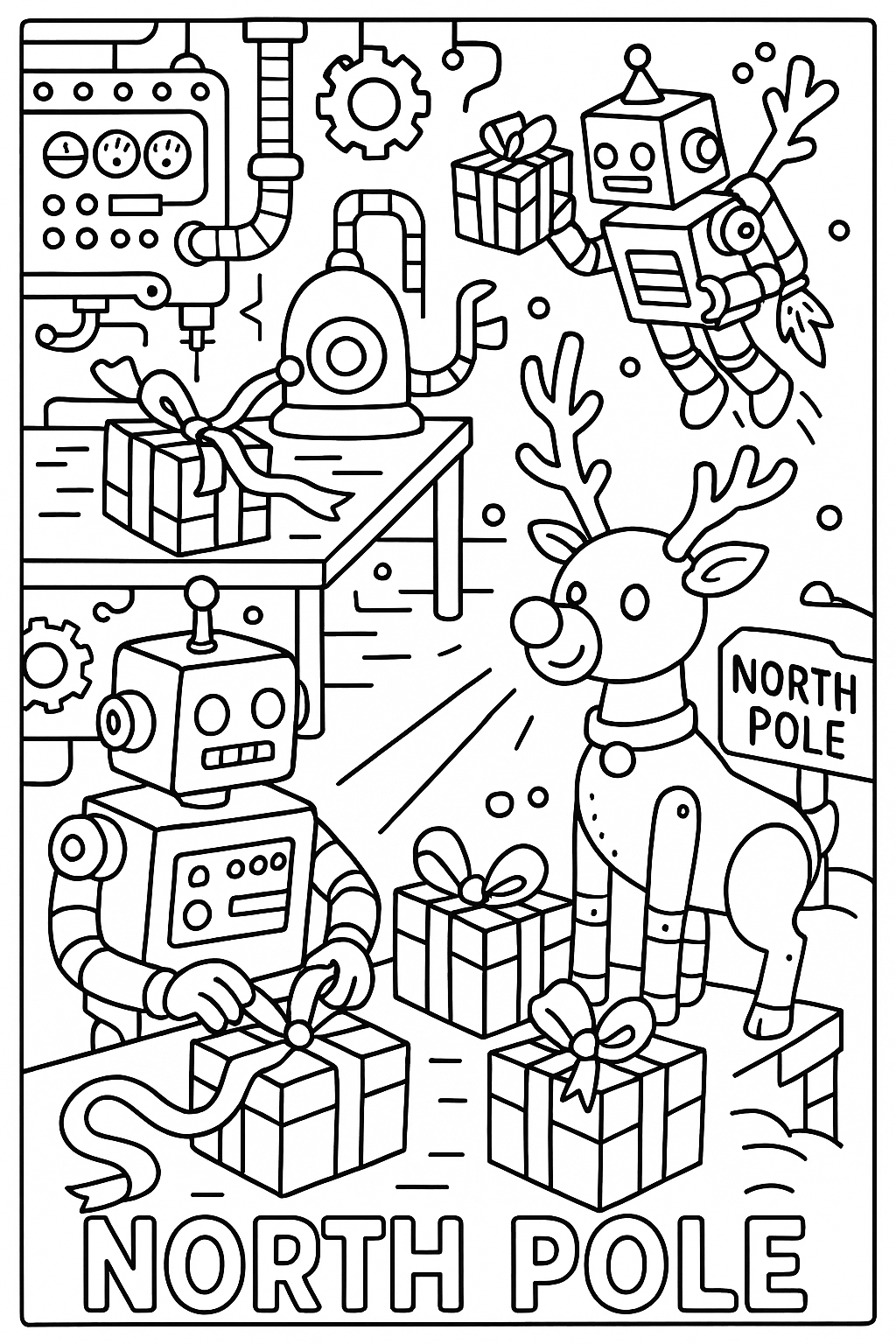 Retro robots helping wrap presents, laser ribbon cutting, jet-pack delivery, LED Rudolph nose, mechanical workshop, thick outlines, futuristic North Pole coloring page
