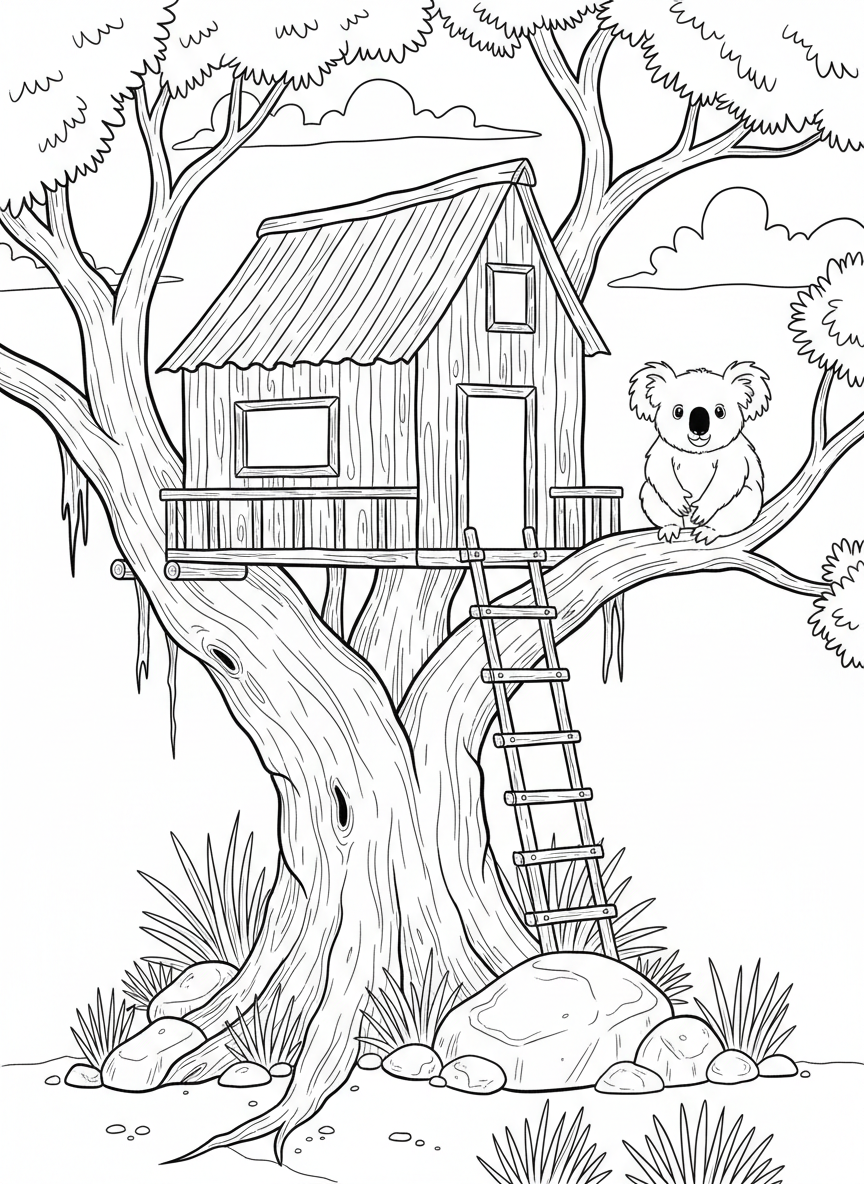 A simple Australian outback treehouse with corrugated metal roof, eucalyptus tree trunk support, and a koala sitting on a nearby branch.