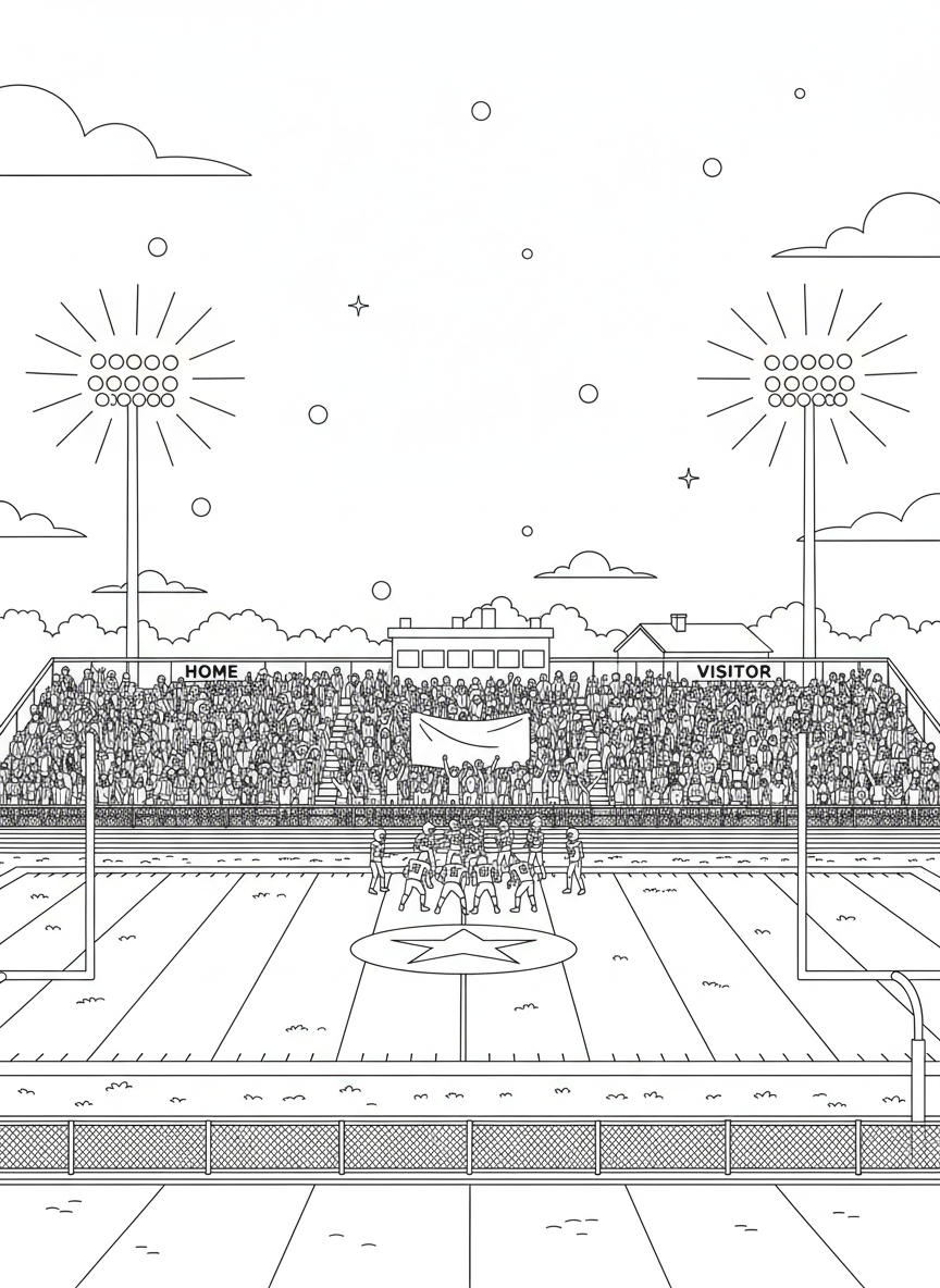 Friday Night Lights coloring page prompts capturing high school football atmosphere, community pride, and glowing stadium scenes.	A high school football stadium glowing under bright lights, stands packed with students, families, and community members on a cool evening.