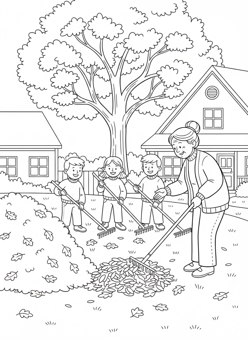 Children helping an elderly neighbor rake colorful autumn leaves in a front yard, with a big pile of leaves nearby.