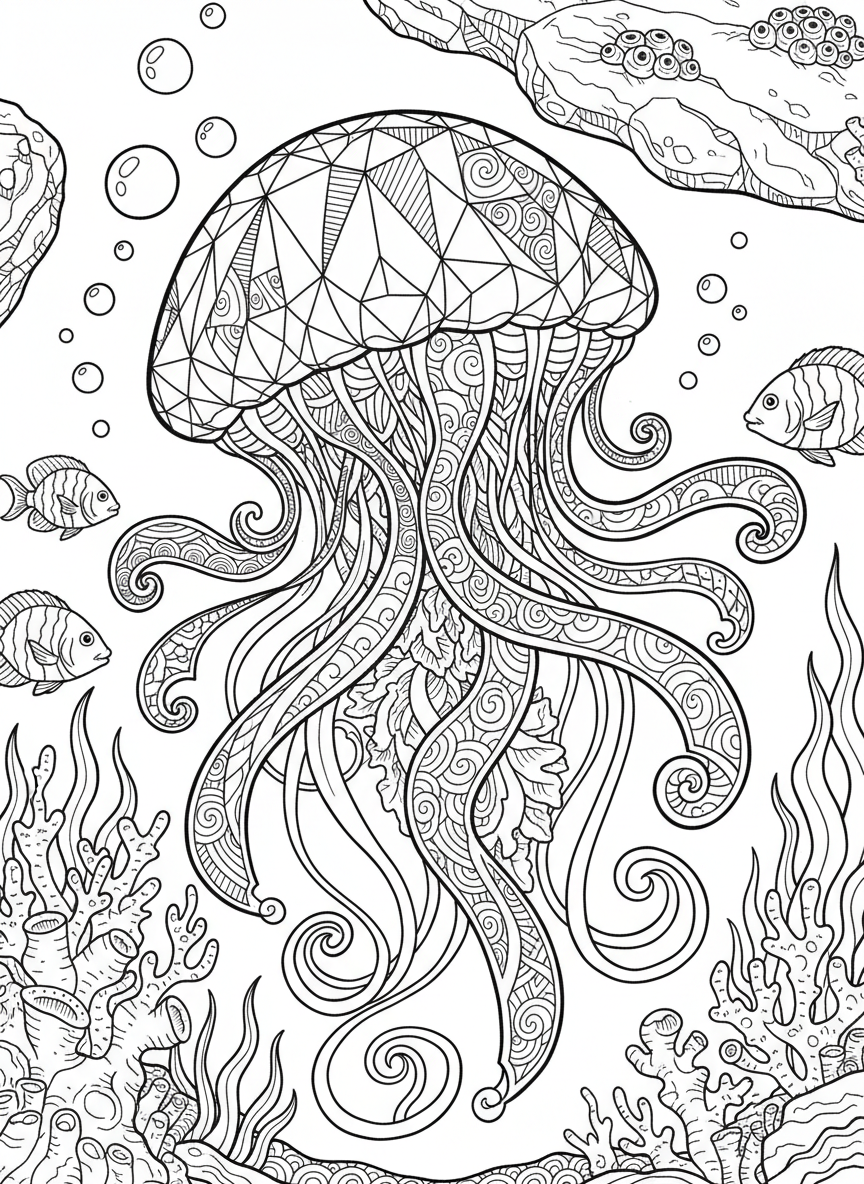 A crystal jellyfish with an ornate bell featuring intricate geometric patterns, trailing elegant ribbon-like tentacles, suitable for older children who enjoy detailed coloring.