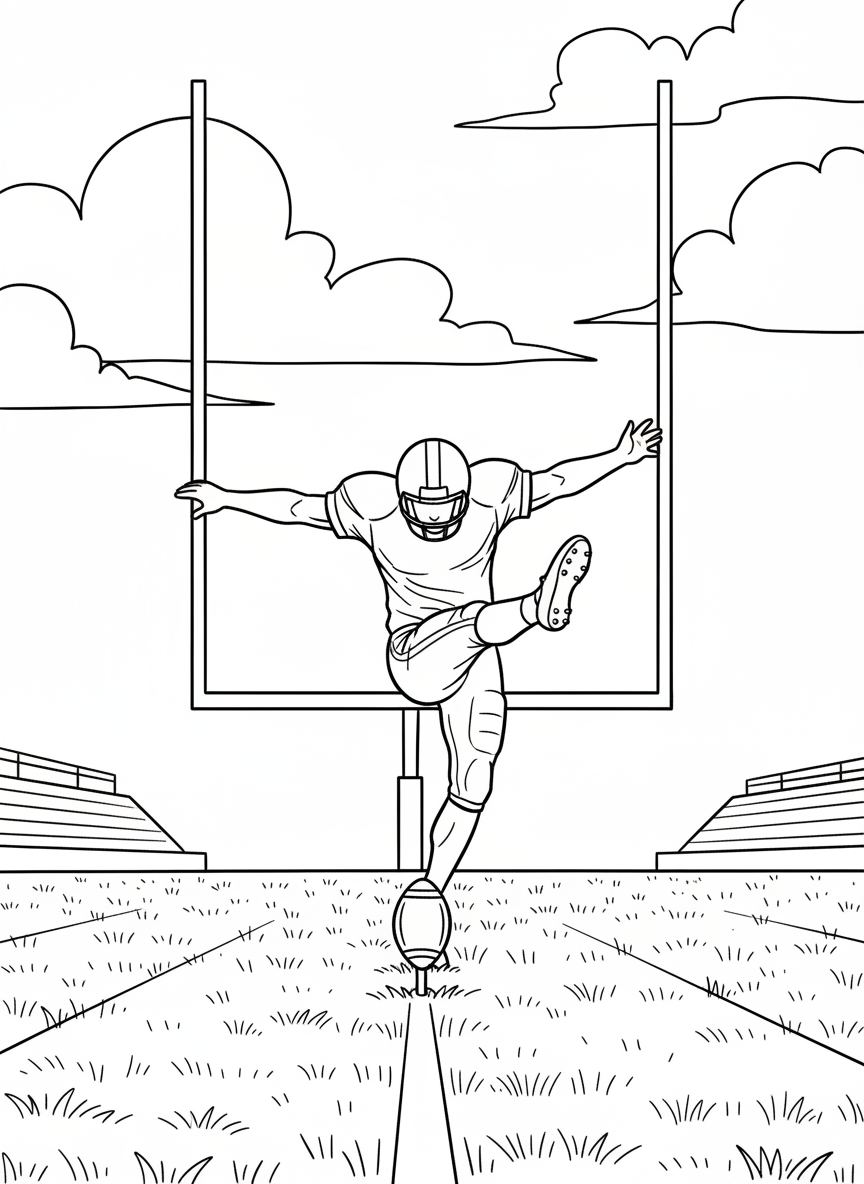 A field goal kicker with leg raised high, about to kick the football through the uprights, crucial moment captured.