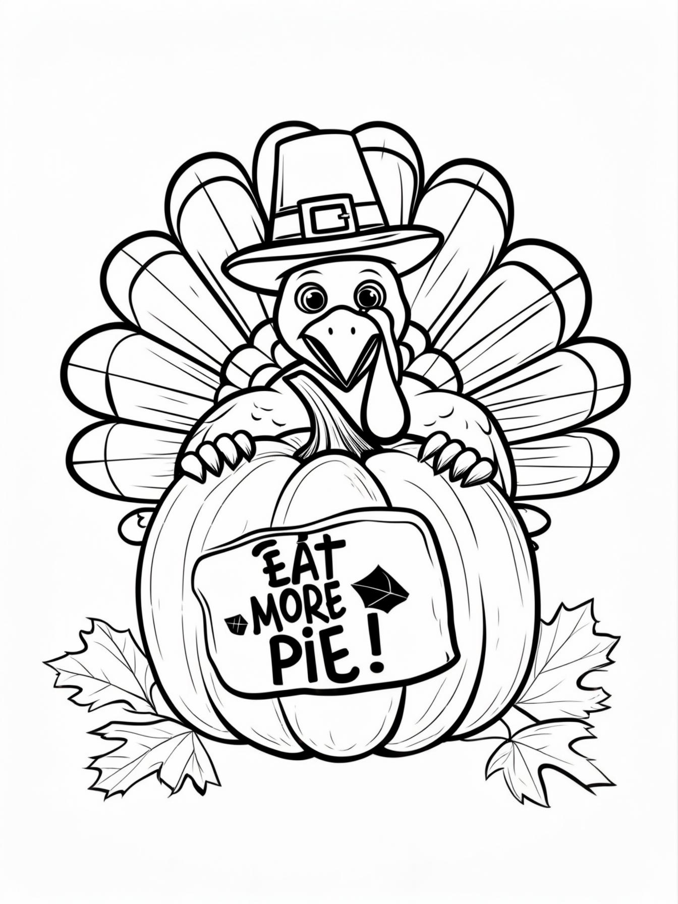 Cartoon Turkey Fun: A whimsical cartoon turkey wearing a Pilgrim hat and peeking out from behind a large pumpkin. He's holding a sign that says "Eat More Pie!"