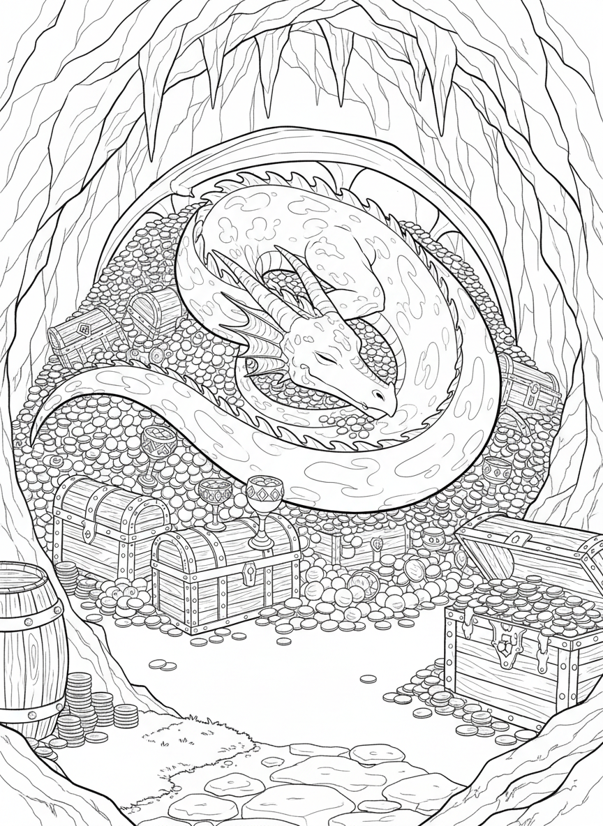A dragon curled up sleeping peacefully on top of a pile of treasure chests and coins inside a cave entrance.