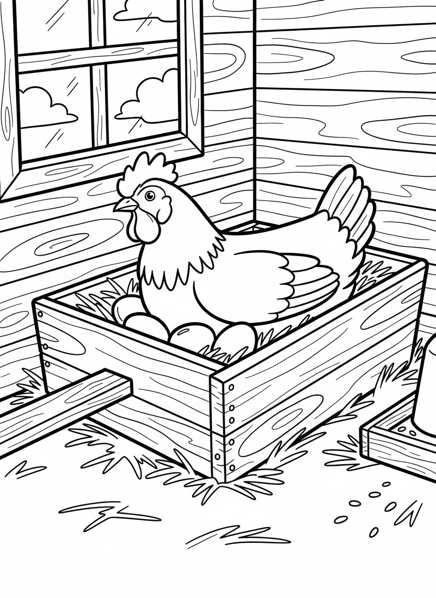 A chicken sitting on a nest box inside a cozy henhouse with eggs visible beneath her.