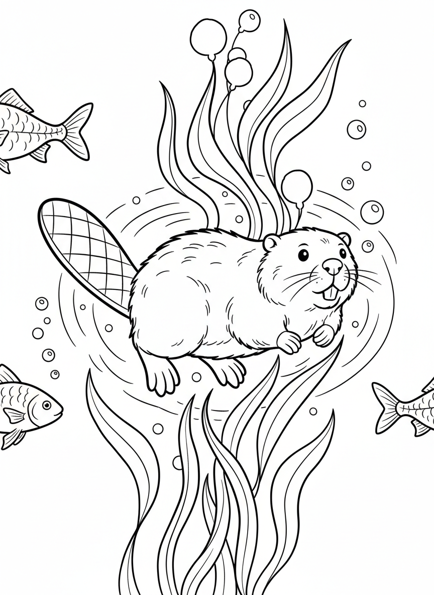 An underwater scene showing a beaver swimming with its flat tail visible, fish and water plants around it