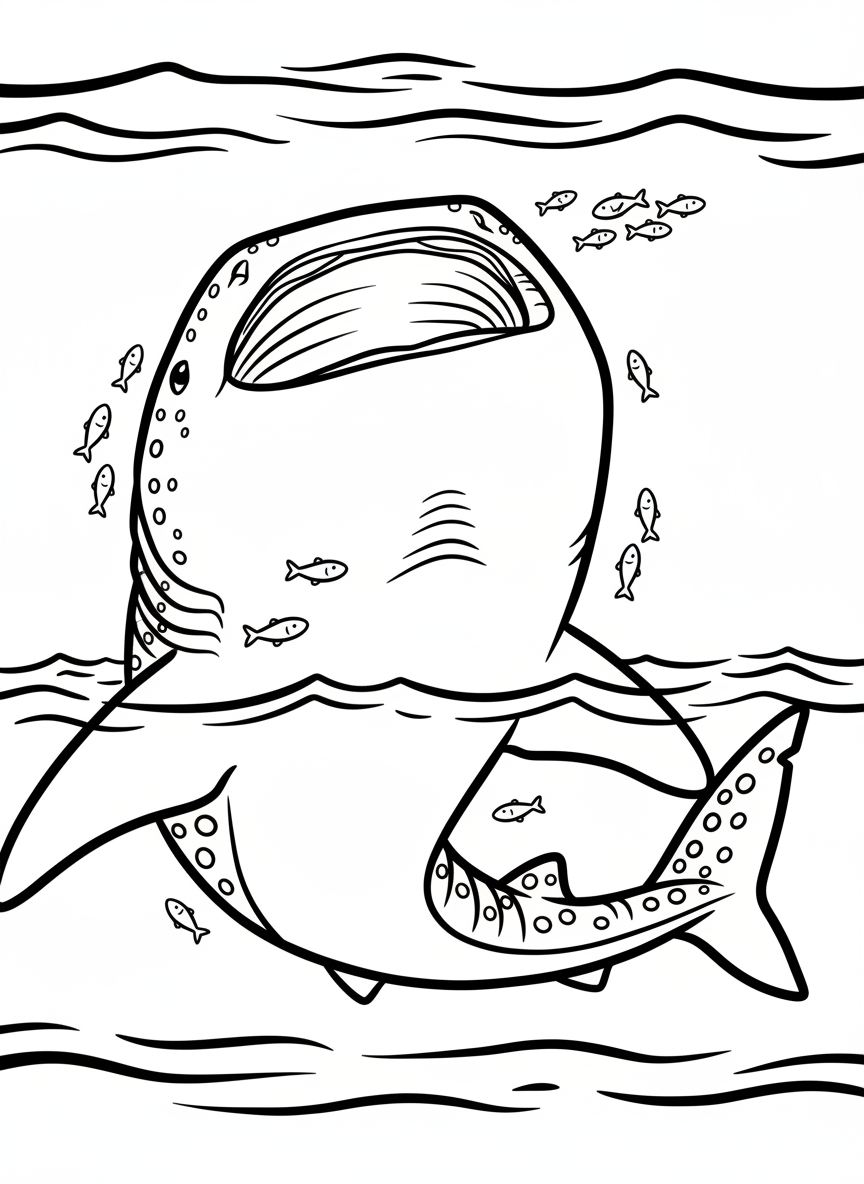 A smiling whale shark with its mouth open, swimming near the surface with tiny fish swimming alongside it.