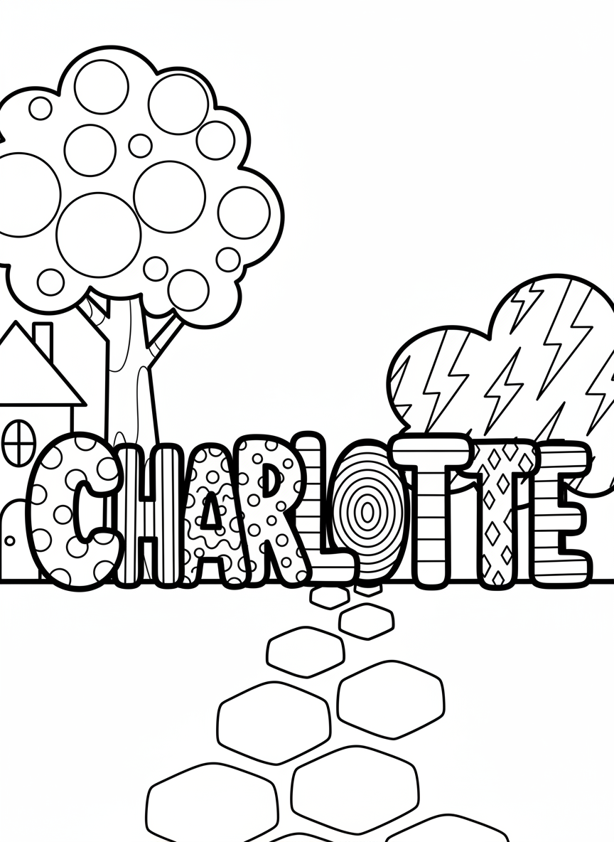 The name CHARLOTTE in letters filled with polka dots, stripes, and zigzag patterns, simple geometric coloring page