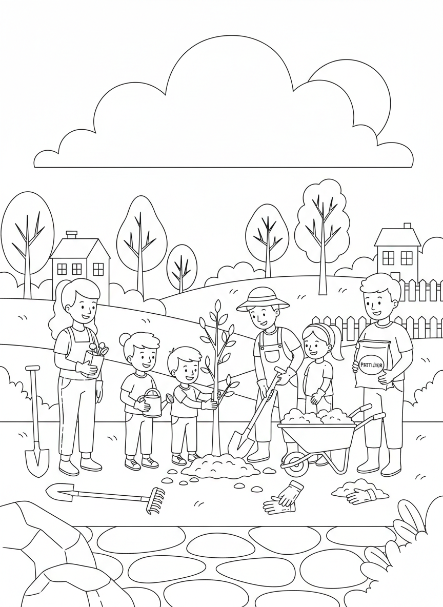Arbor Day coloring page prompts focused on tree planting, growth, and long-term environmental stewardship.	A group of volunteers planting a young tree on Arbor Day, shovels and soil arranged neatly nearby.
