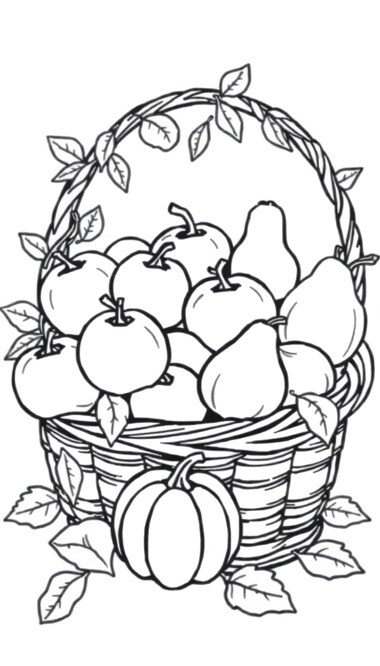  A basket full of apples, pears, and pumpkins, with a few leaves scattered around.