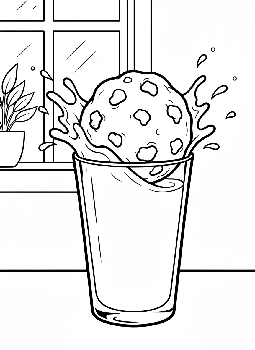 A chocolate chip cookie being dunked into a glass of milk, with splash droplets around the glass rim.