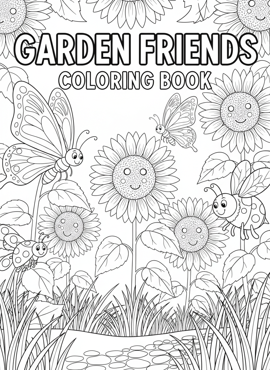 Garden friends coloring book cover, full-color illustration with butterflies, bees, ladybugs, and sunflowers in a sunny meadow. Title-safe area at top.
