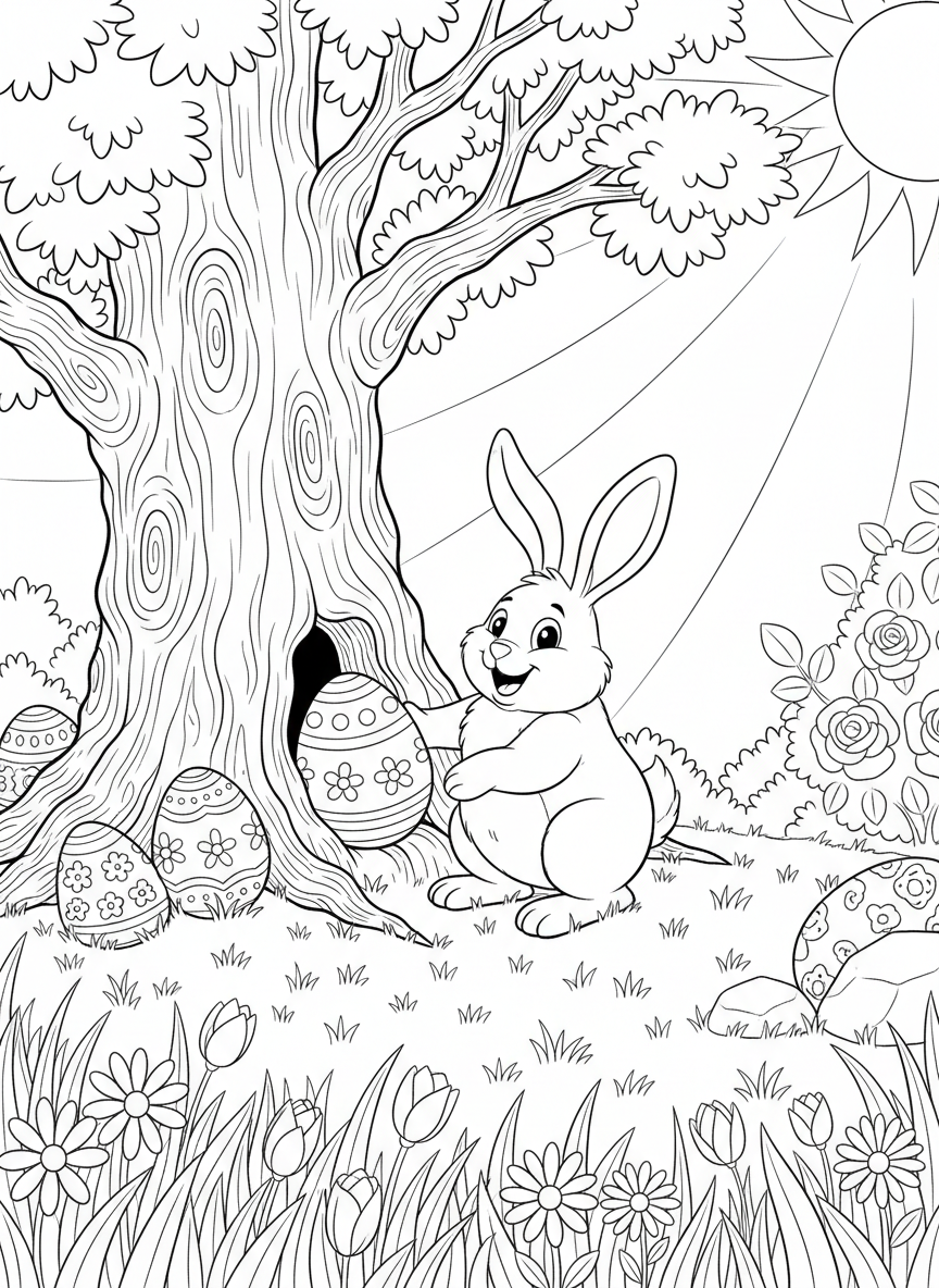 A cheerful bunny hiding decorated Easter eggs behind a large tree in a sunny garden with flowers and grass.