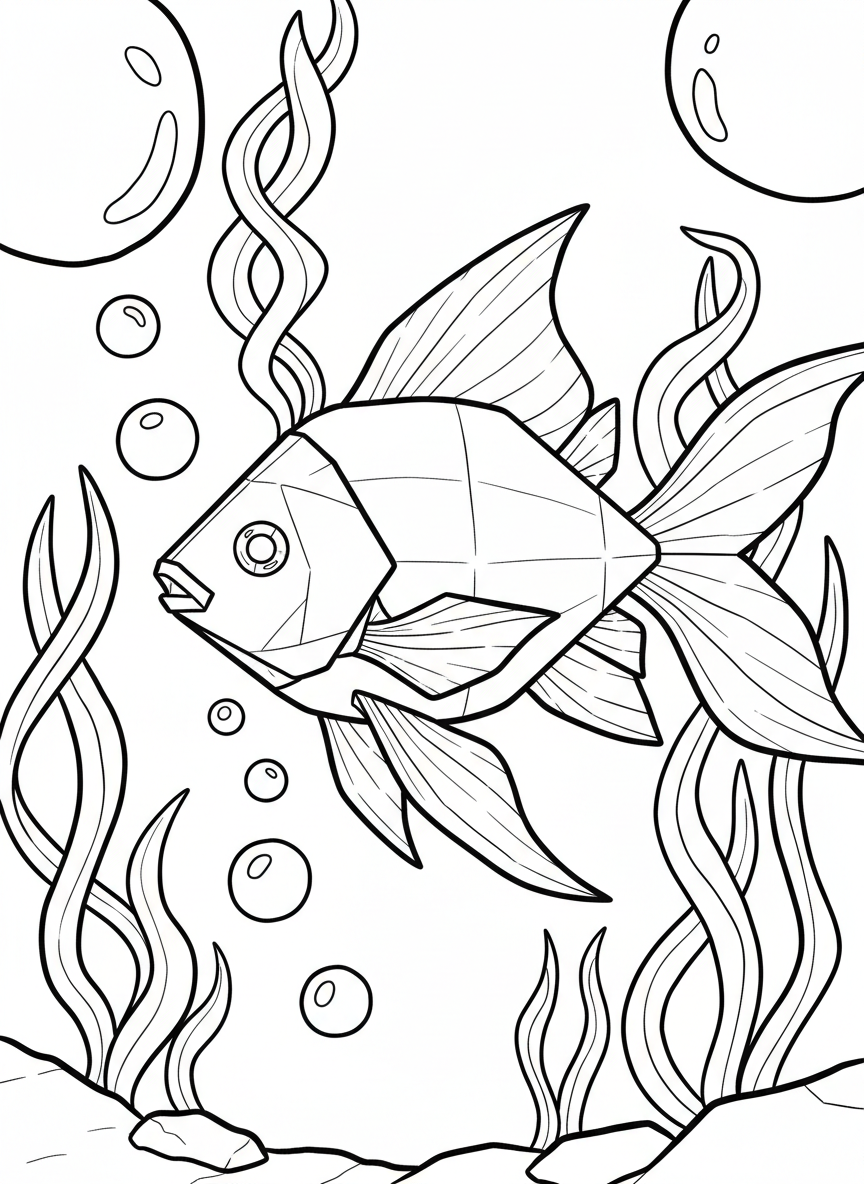 An origami fish swimming among seaweed and bubbles, with scales suggested by fold lines and fins clearly defined.