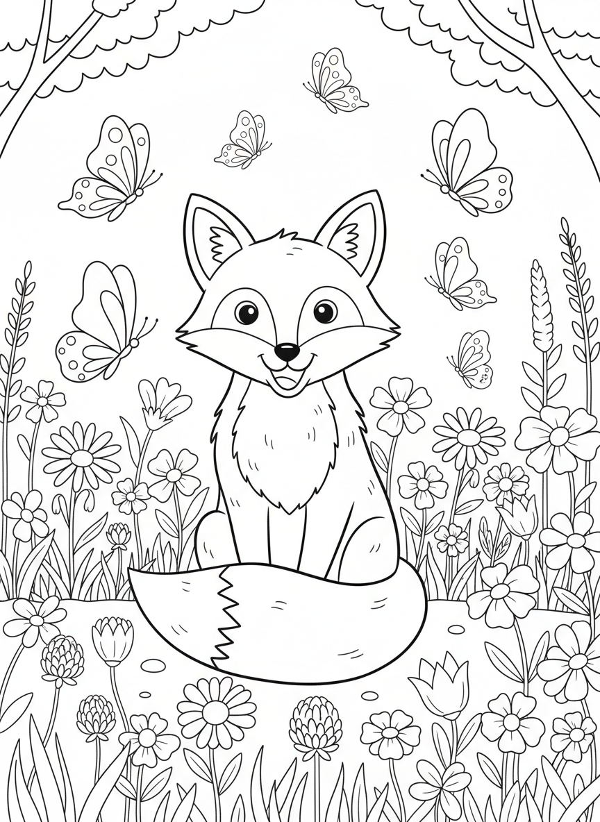 A cheerful fox sitting in a meadow surrounded by wildflowers and butterflies, simple line art coloring page