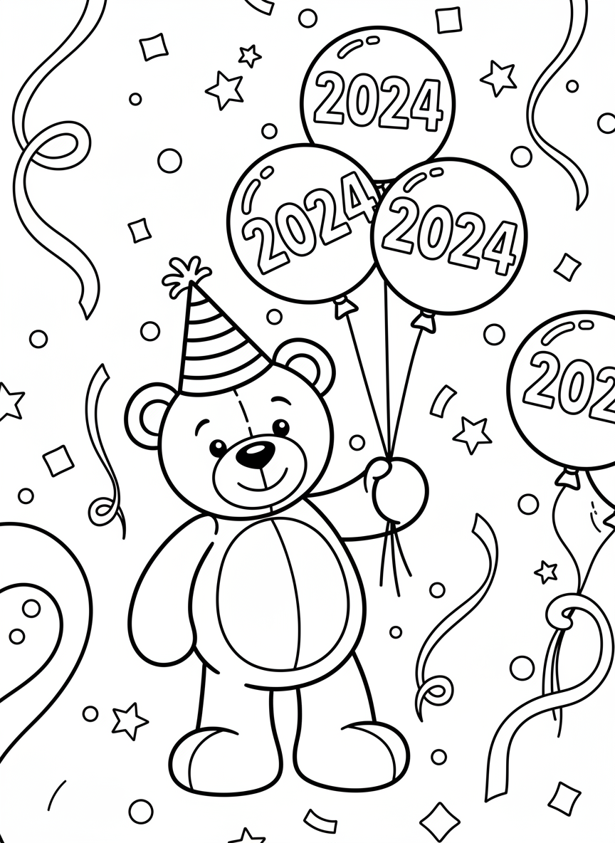 A cheerful teddy bear wearing a party hat and holding balloons with '2024' written on them, surrounded by confetti and streamers