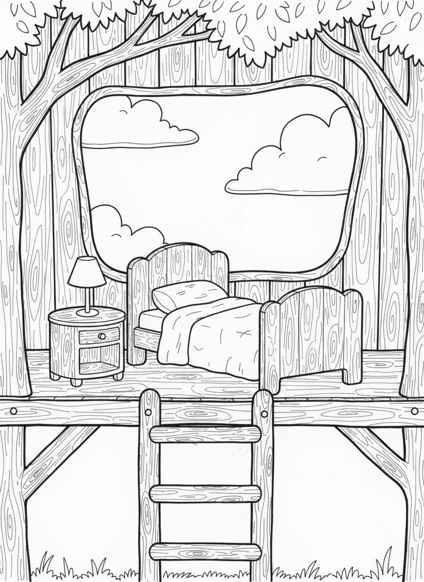 Simple treehouse bedroom with a tiny bed, nightstand, and ladder entrance, perfect for young children to color.