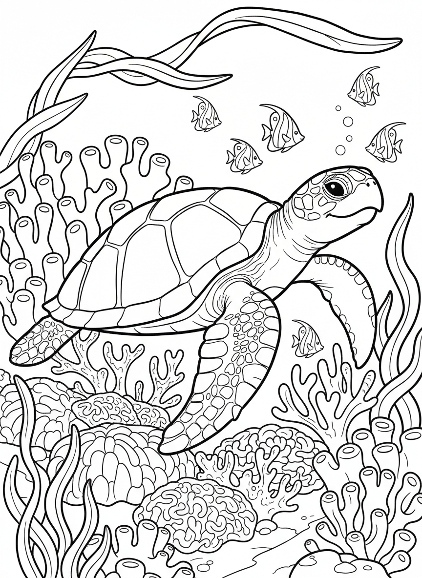 A friendly sea turtle swimming gracefully through a coral reef, surrounded by small tropical fish and swaying seaweed.