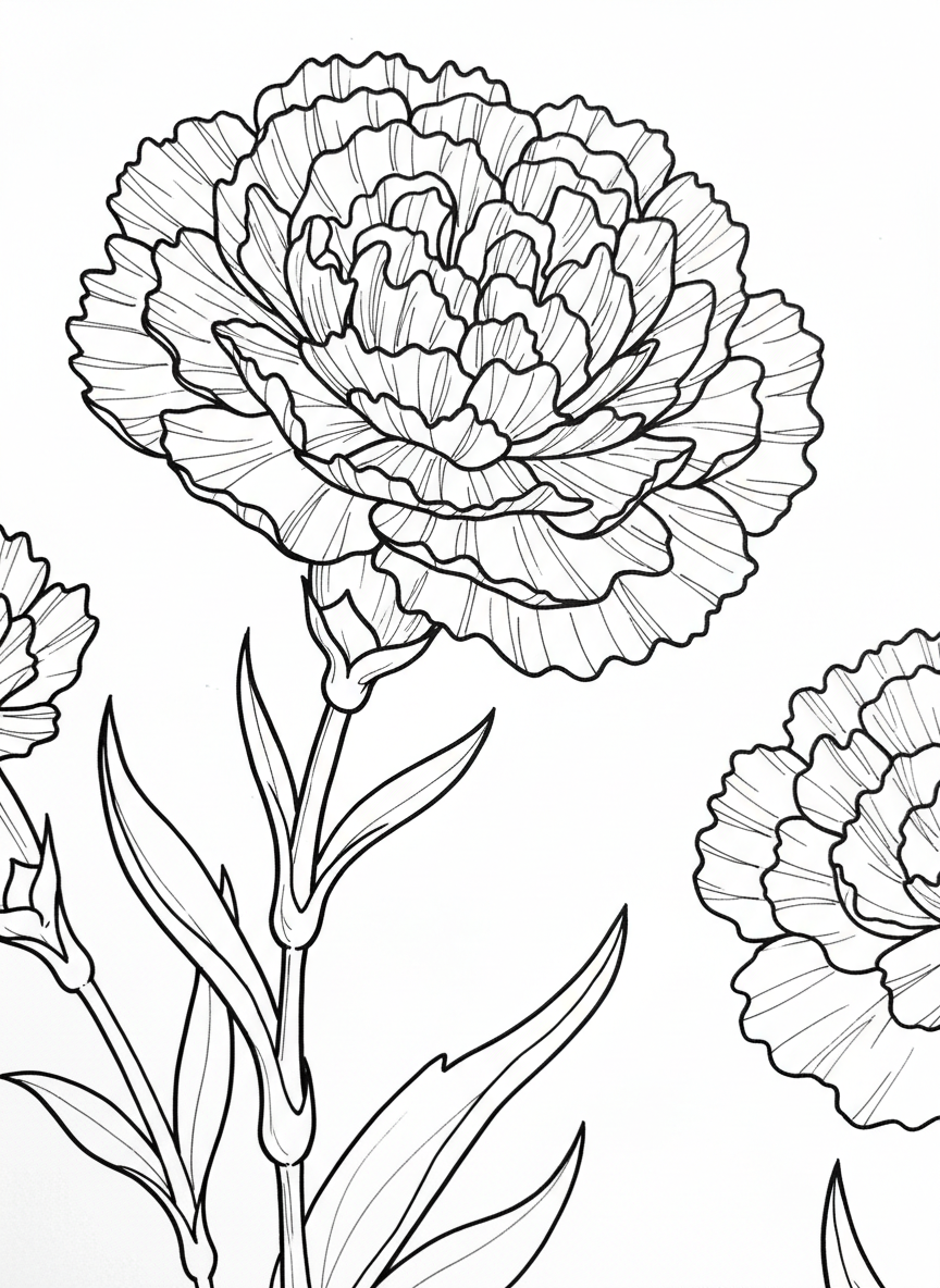 A carnation flower with ruffled petals shown in close-up detail, with stem and leaves visible below.