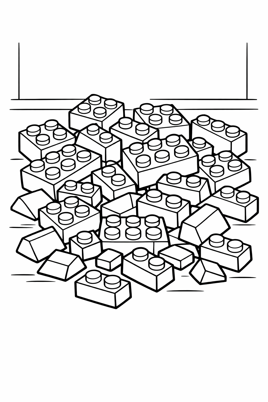 Building Time: A pile of loose bricks in different shapes (2x4, 2x2, slopes) scattered on the floor, waiting to be built.