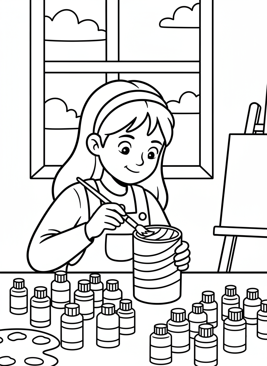 A girl painting rainbow stripes on a tall ceramic pencil holder, with organized rows of paint bottles on the table.