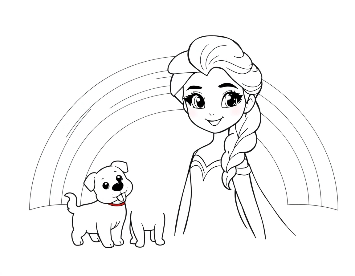 Create a cute image of Elsa from Frozen. Include a rainbow in the background with a dogs