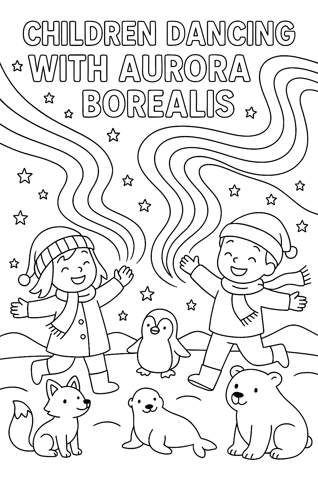 Children dancing with aurora borealis ribbons, color streams, Arctic animals joining, magical light patterns, stars watching, thick line art, spectacular sky celebration scene