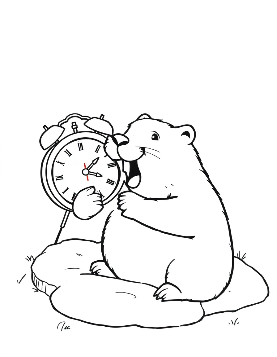 Groundhog Day: Wake Up Alarm: An old-fashioned alarm clock ringing loudly next to the groundhog’s burrow entrance.