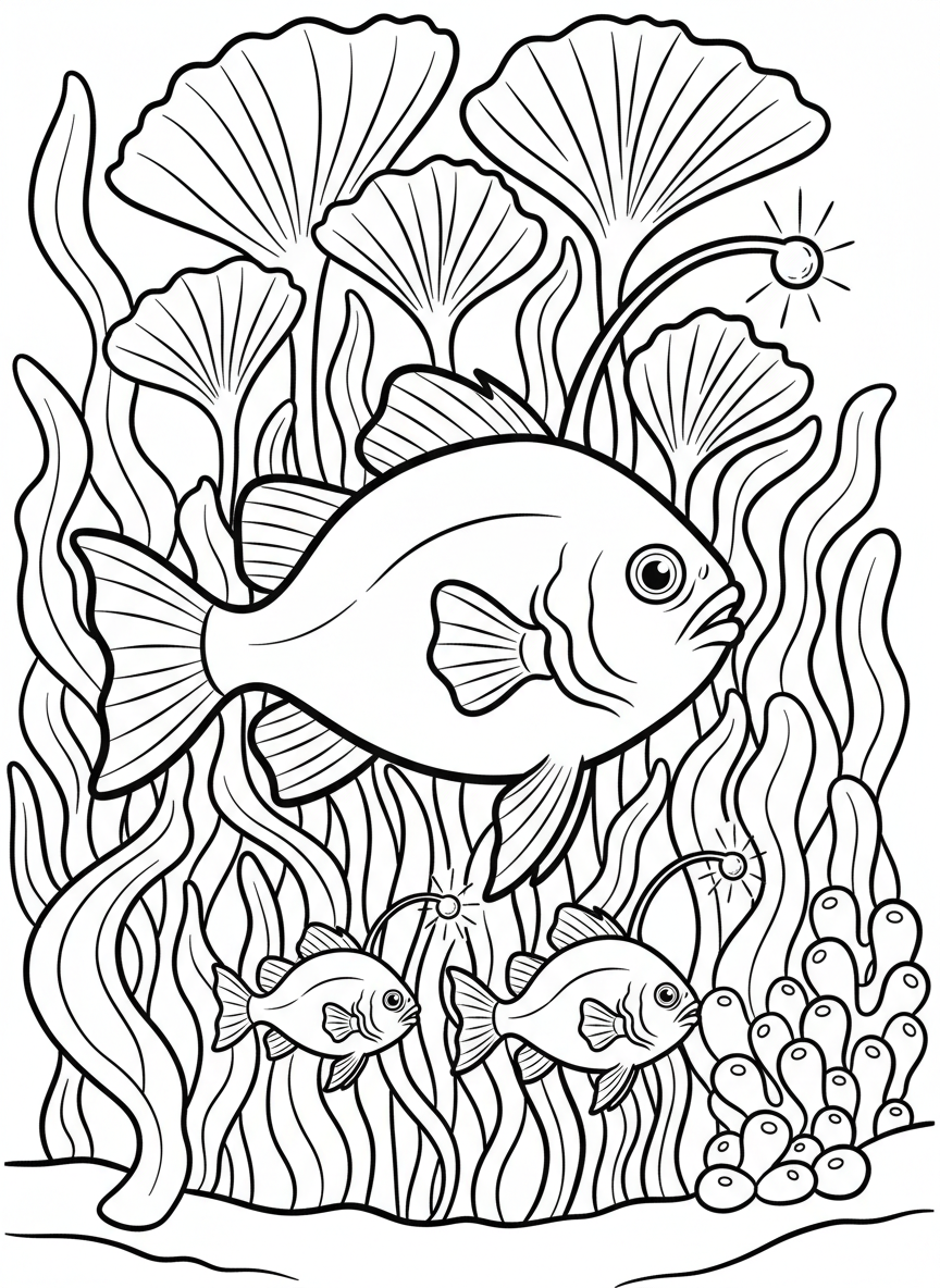 An anglerfish family scene with a larger parent fish and two smaller baby anglerfish, all with glowing lures, swimming together near sea plants.
