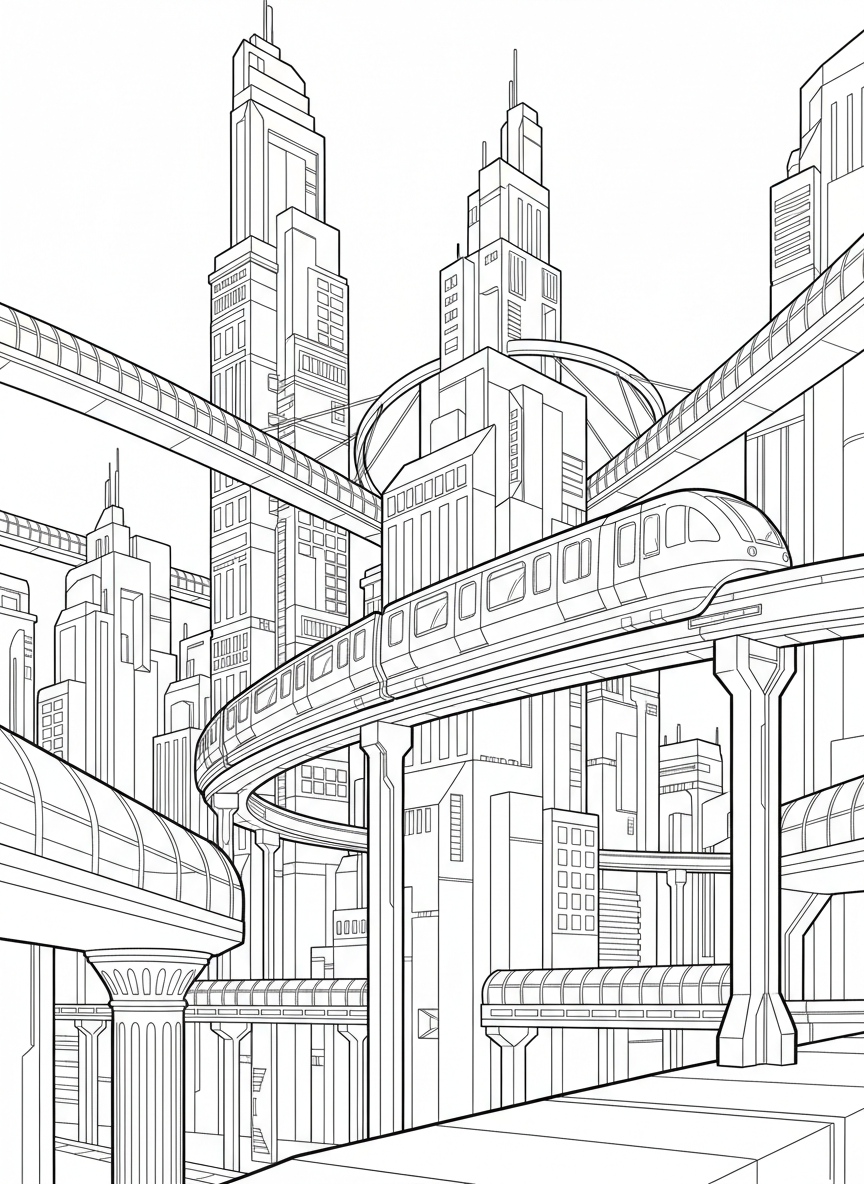 A monorail train gliding on an elevated track above a futuristic city, with tall buildings and sky bridges below.
