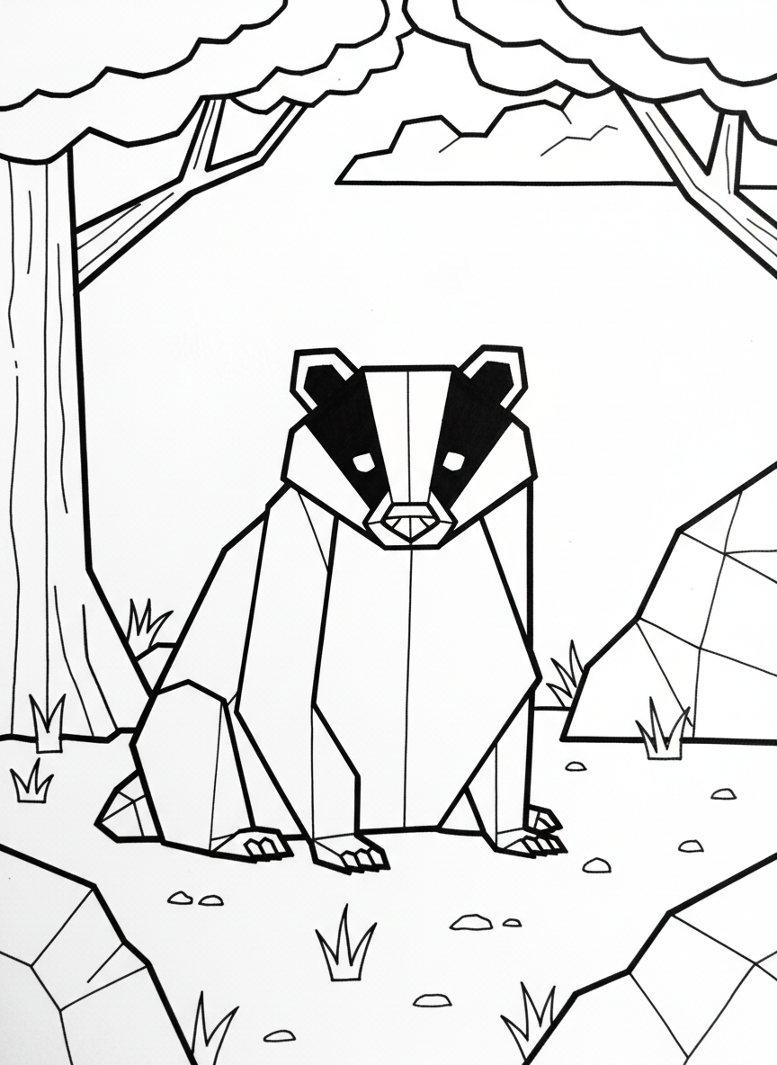 An origami badger with distinctive face stripes, stocky geometric body, and simple ground elements, clear black line art.