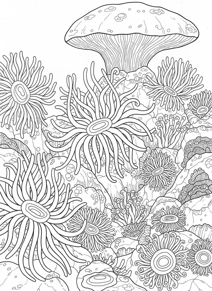 A sea anemone garden showing different sizes and shapes of anemones attached to rocks, with their tentacles in various positions