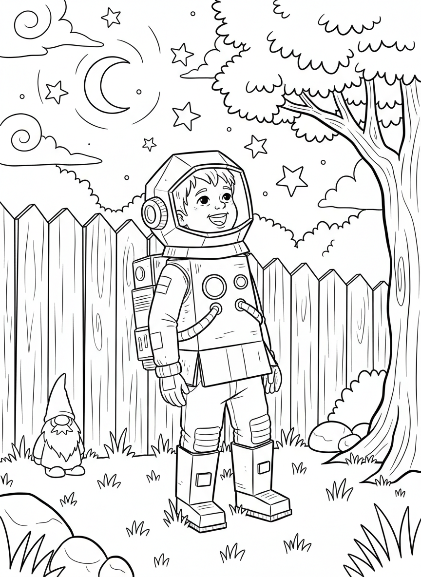 A child imagining space exploration in a backyard while wearing a cardboard astronaut suit and looking at a star-filled sky.