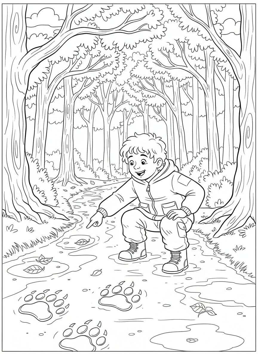 A child pointing excitedly at animal tracks in the mud on a trail, crouching down for a closer look.