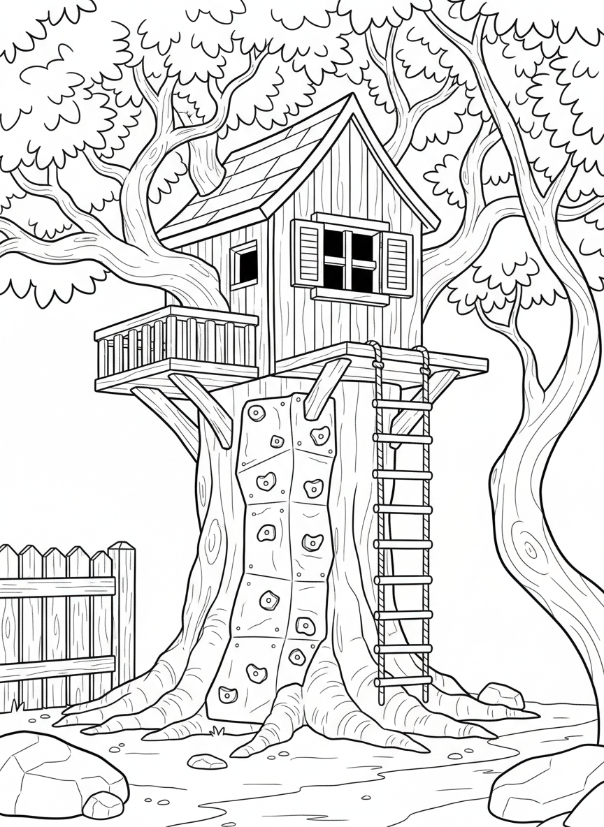 A detailed treehouse with a climbing wall featuring hand grips and foot holds, a rope ladder, and a small window with shutters.