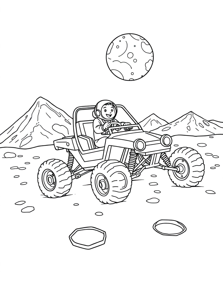 A detailed moon buggy exploring the surface of the moon, with a happy astronaut driving it, with craters and mountains visible, and the Earth in the sky.