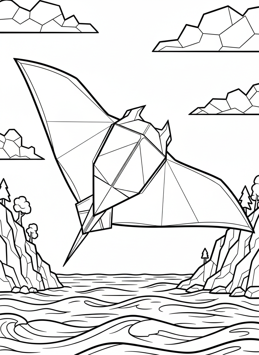 An origami manta ray with wide geometric wings spread out, featuring symmetrical fold lines and angular body shape.