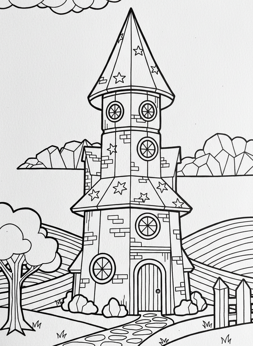 A fantasy origami wizard tower with a conical roof, circular windows at different heights, and magical star decorations on the paper folds.