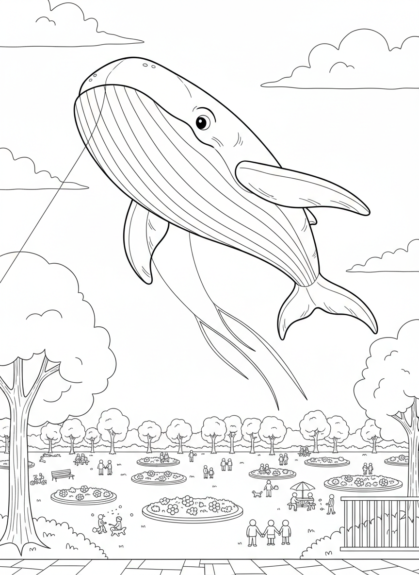 A parafoil kite shaped like a smiling whale with fins, soaring high above a park with tiny people visible below.