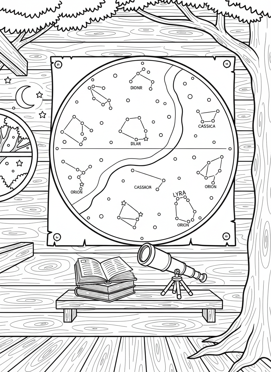A detailed star chart hanging on the treehouse wall, showing the Big Dipper, Little Dipper, and other easy-to-recognize constellation patterns.