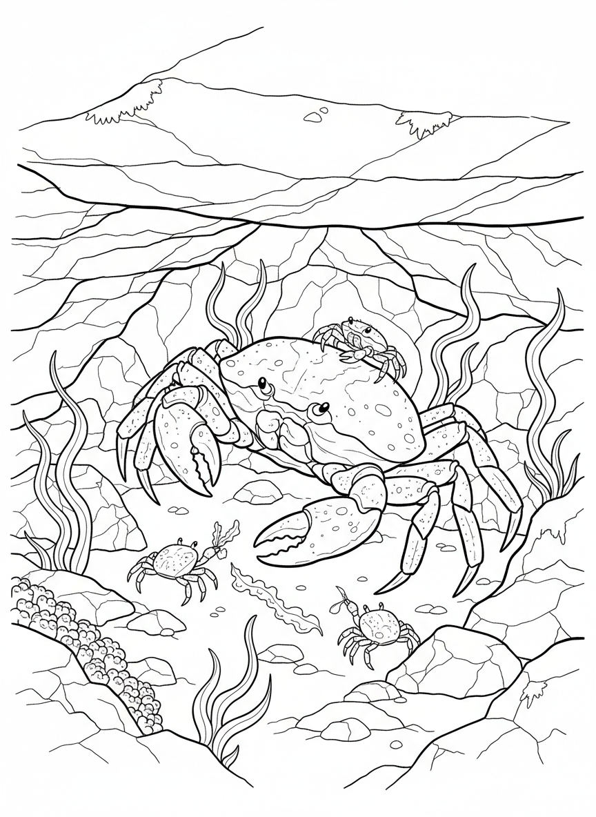 A crab family with one large crab and three tiny baby crabs exploring a rocky crevice filled with seaweed.