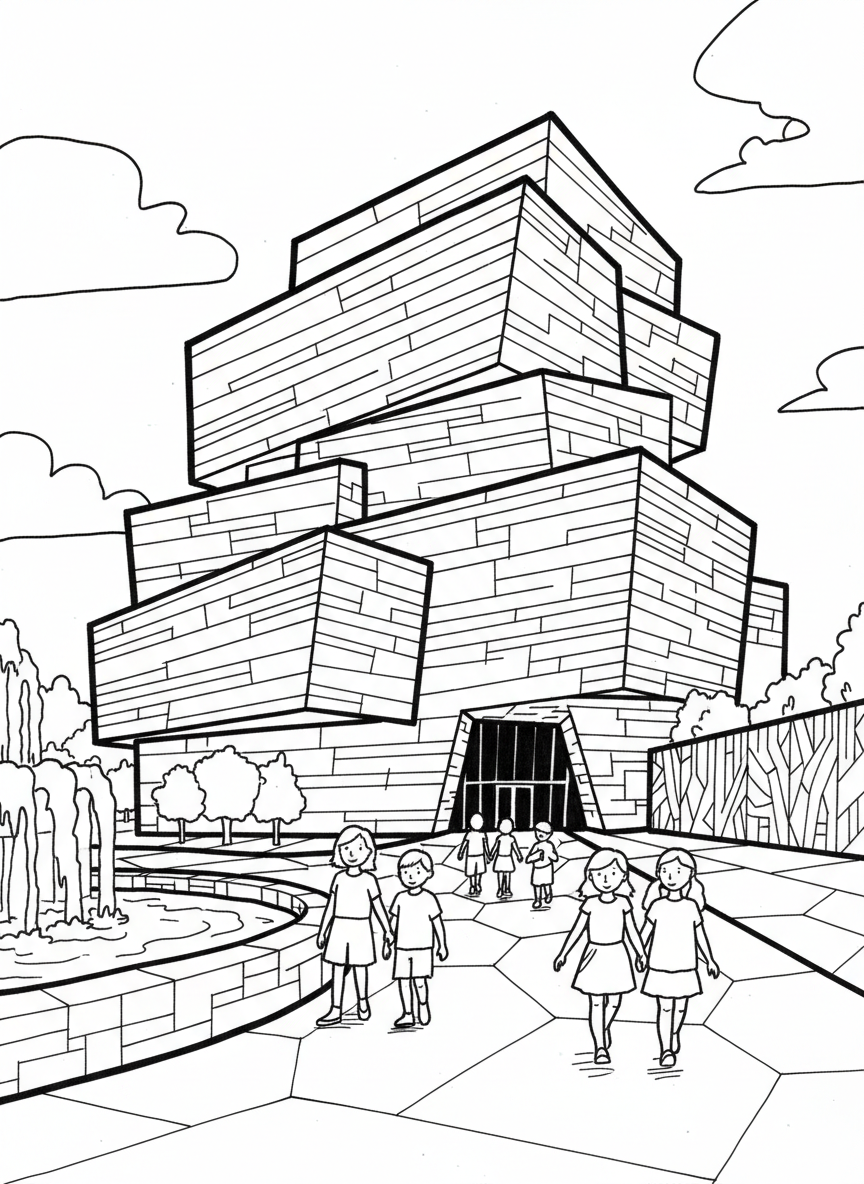 The Perot Museum of Nature and Science building with its unique angular architecture and children walking toward the entrance