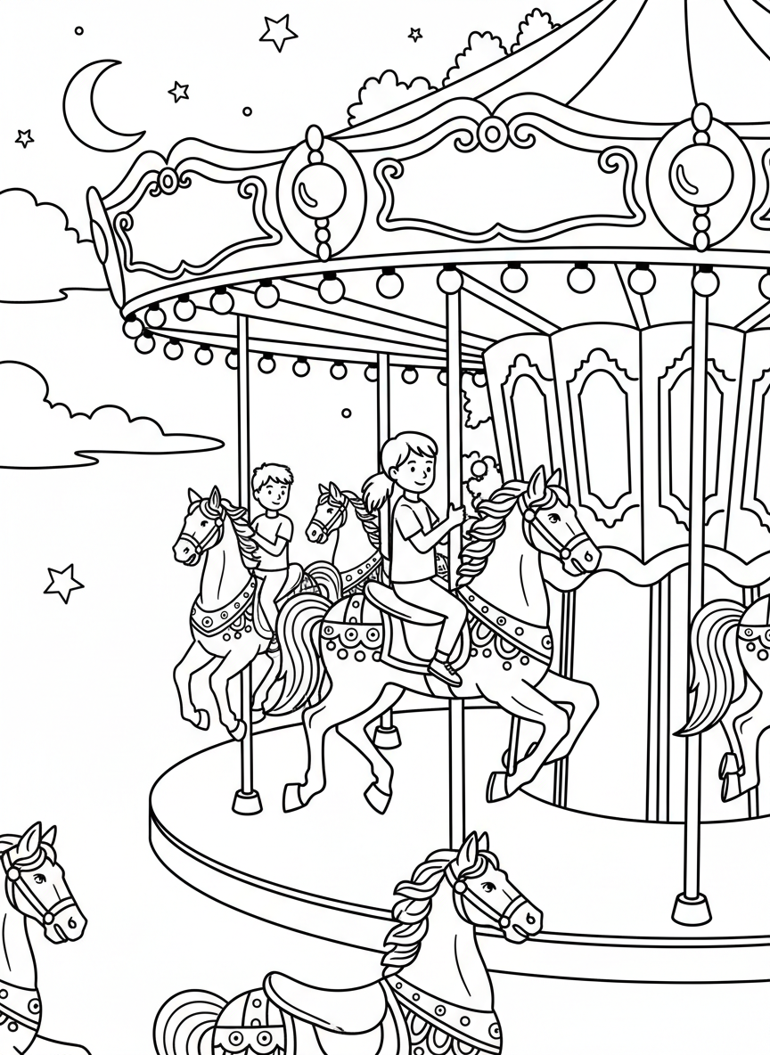 A carousel spinning slowly with decorated horses, glowing bulbs, and children enjoying the ride under a night sky.