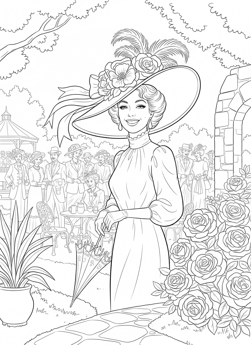 An elegant lady wearing a large decorative hat adorned with flowers and ribbons, smiling at a Kentucky Derby garden party.