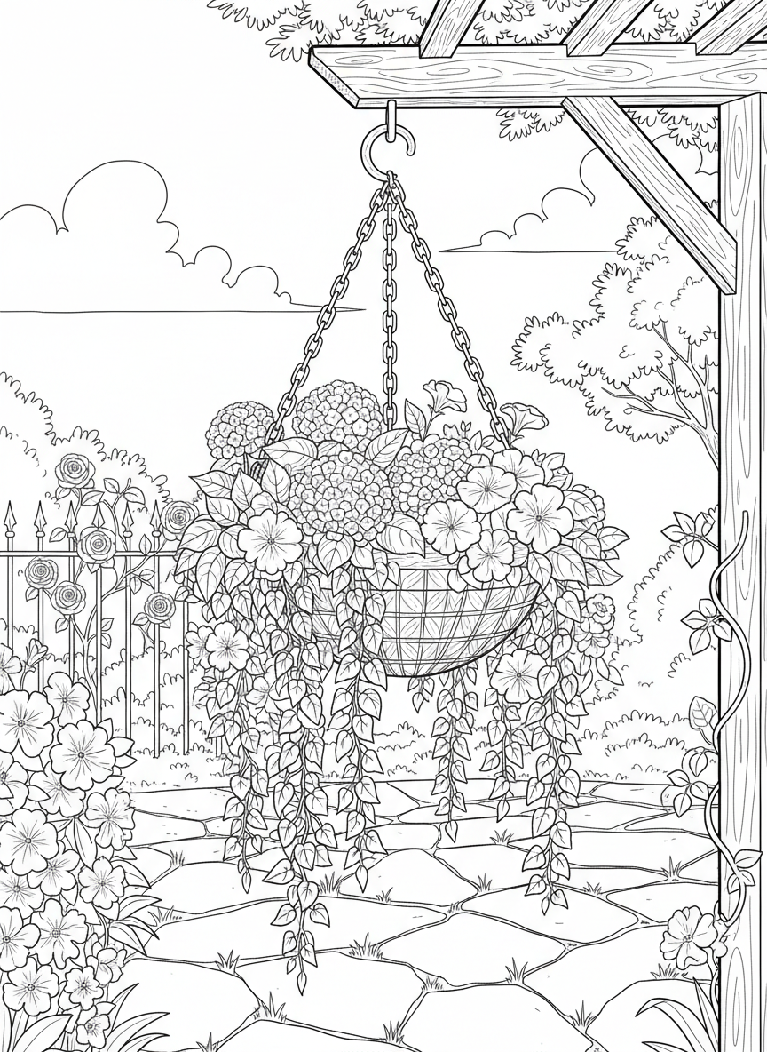 A hanging basket with cascading flowers and vines, suspended by chains, decorative garden element.