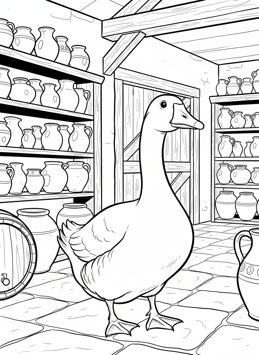 A goose walking through a pottery barn with ceramic pitchers and crocks lining the walls, traditional farm setting