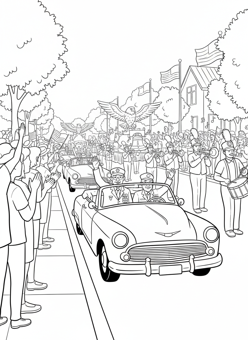 Independence Day Parade coloring page prompts capturing patriotic parades, music, and festive community pride.	Veterans riding in classic cars, spectators applauding respectfully.