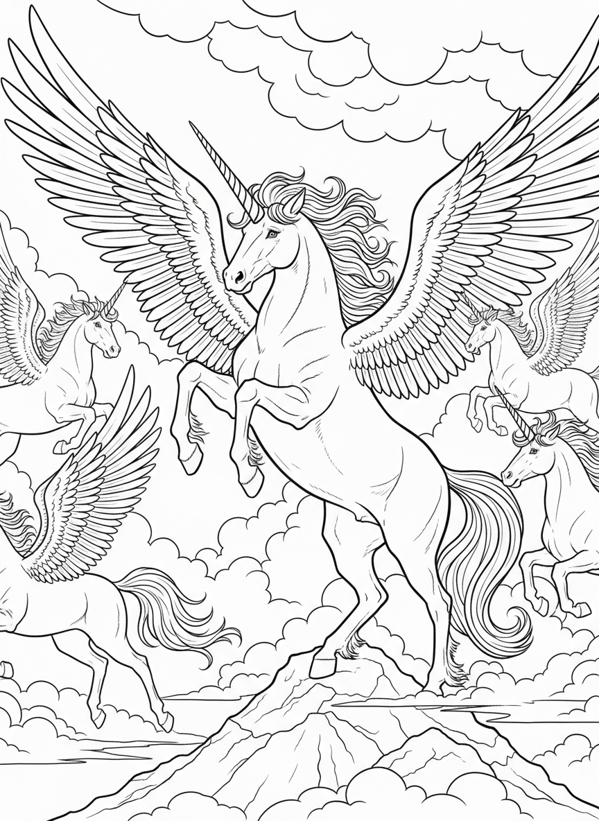 A majestic unicorn rearing up on hind legs with wings spread wide, pegasus-unicorn hybrid in a cloud-filled sky